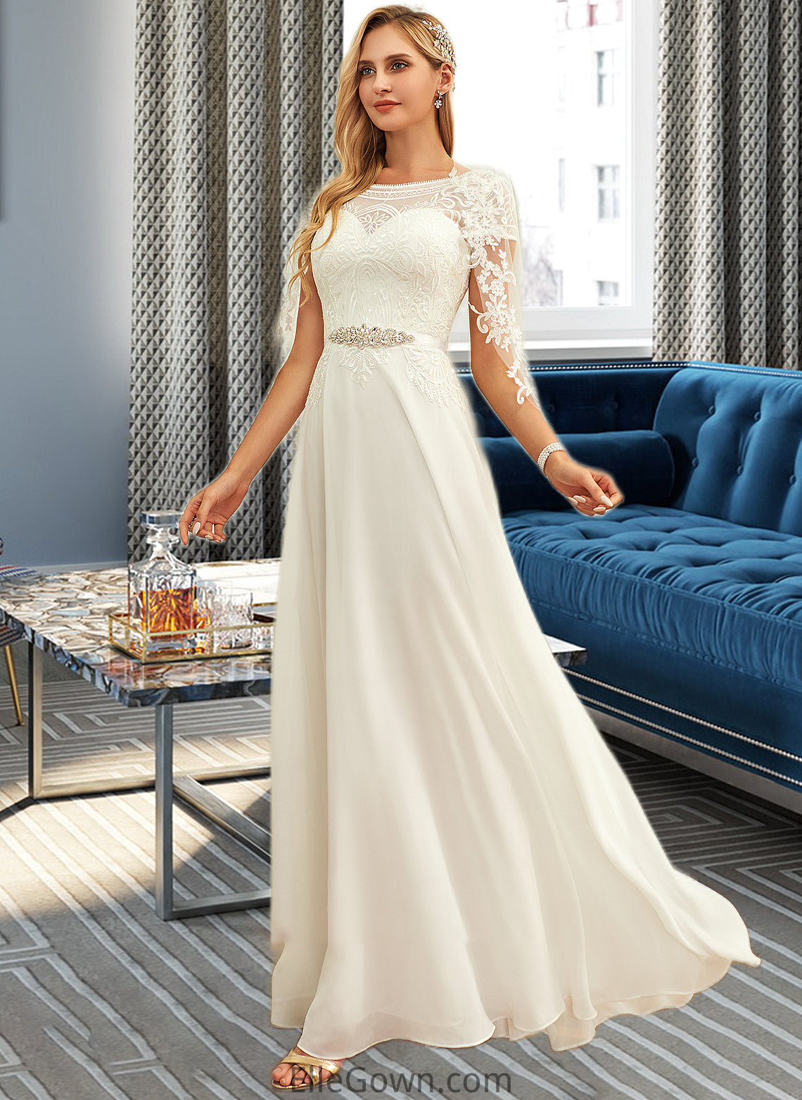 Jacey A-Line Scoop Neck Floor-Length Chiffon Lace Wedding Dress With Sequins DEP0013775