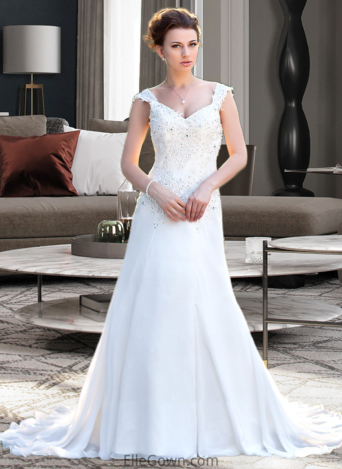 Mollie A-Line V-neck Court Train Chiffon Wedding Dress With Lace Beading Sequins DEP0013776