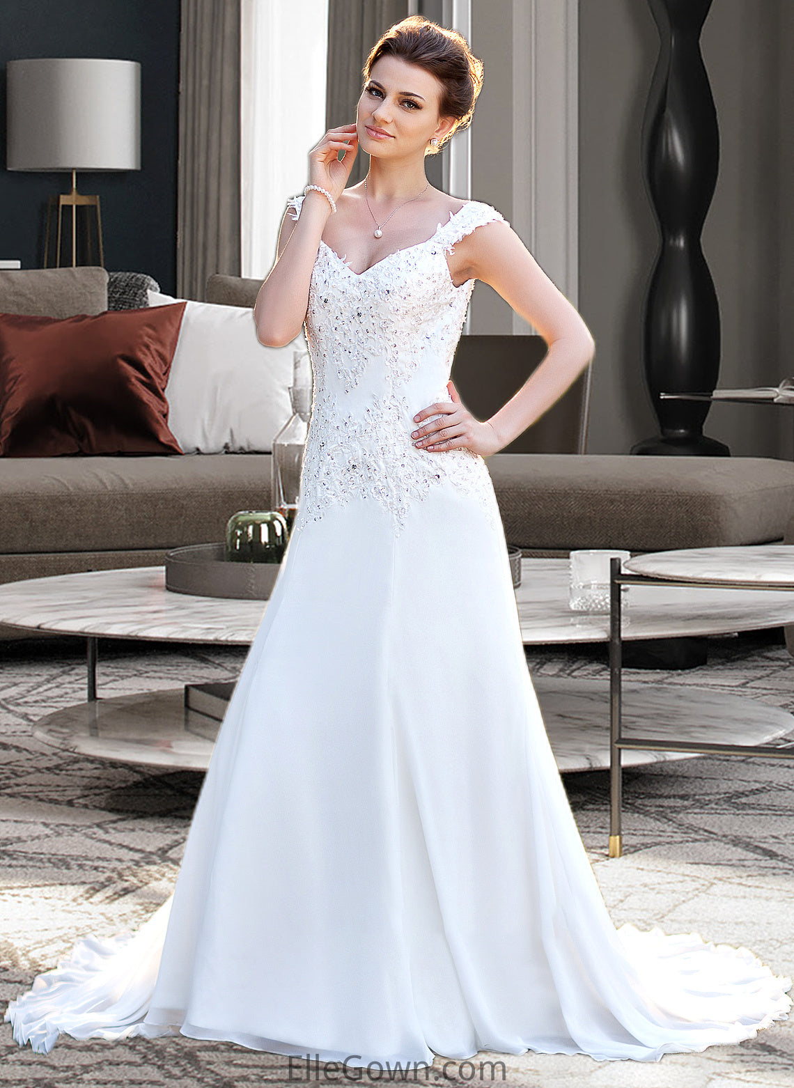 Mollie A-Line V-neck Court Train Chiffon Wedding Dress With Lace Beading Sequins DEP0013776