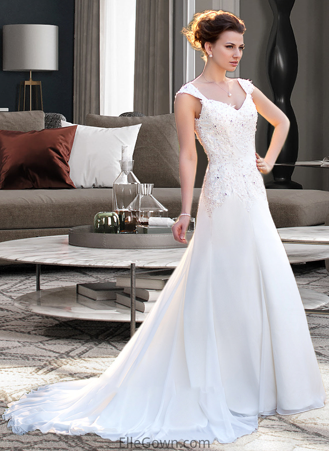 Mollie A-Line V-neck Court Train Chiffon Wedding Dress With Lace Beading Sequins DEP0013776