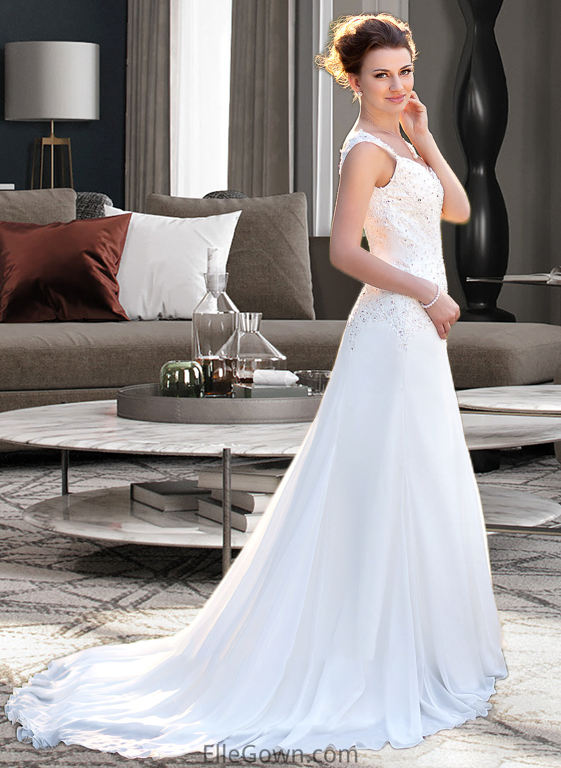 Mollie A-Line V-neck Court Train Chiffon Wedding Dress With Lace Beading Sequins DEP0013776