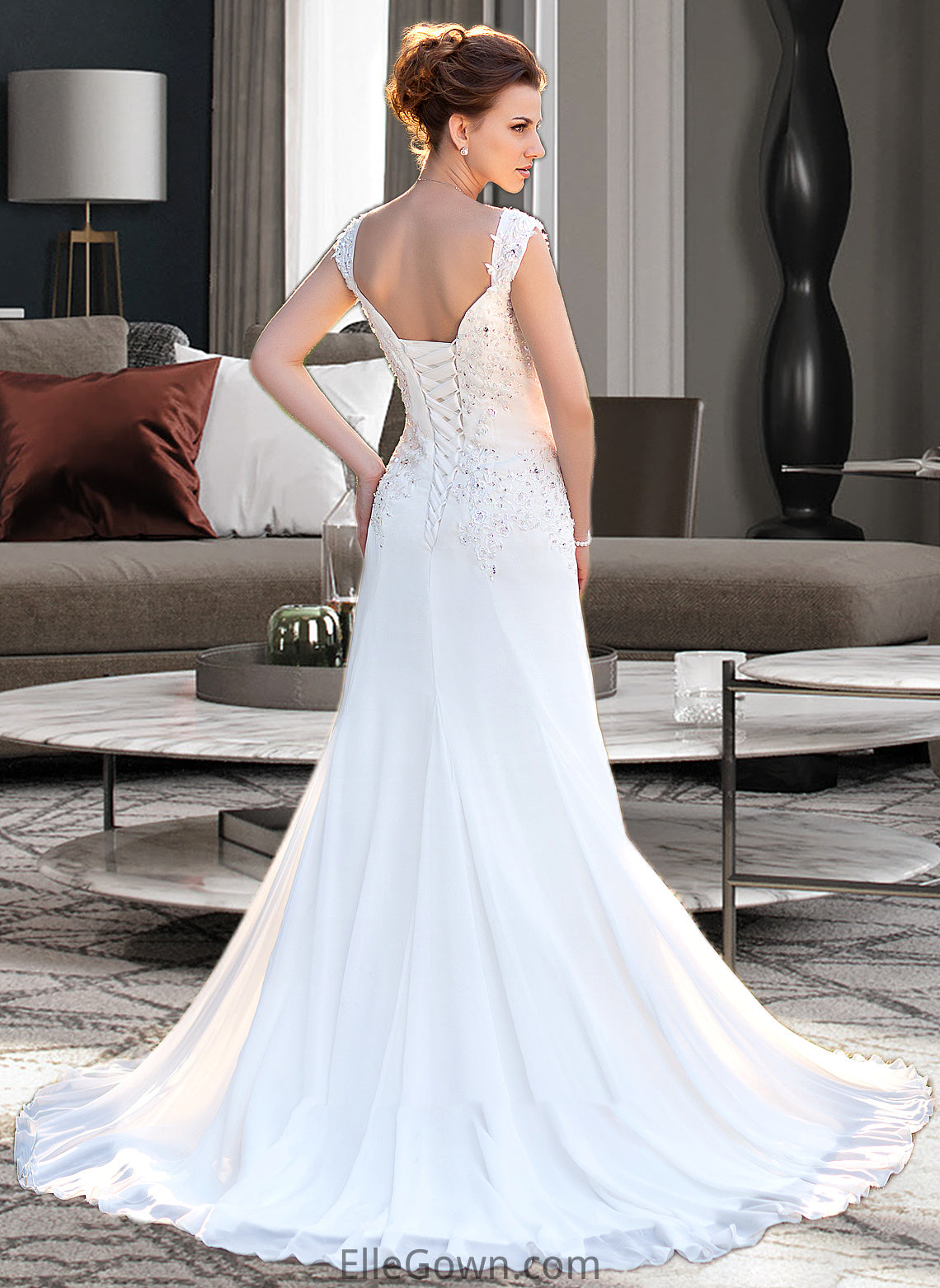 Mollie A-Line V-neck Court Train Chiffon Wedding Dress With Lace Beading Sequins DEP0013776