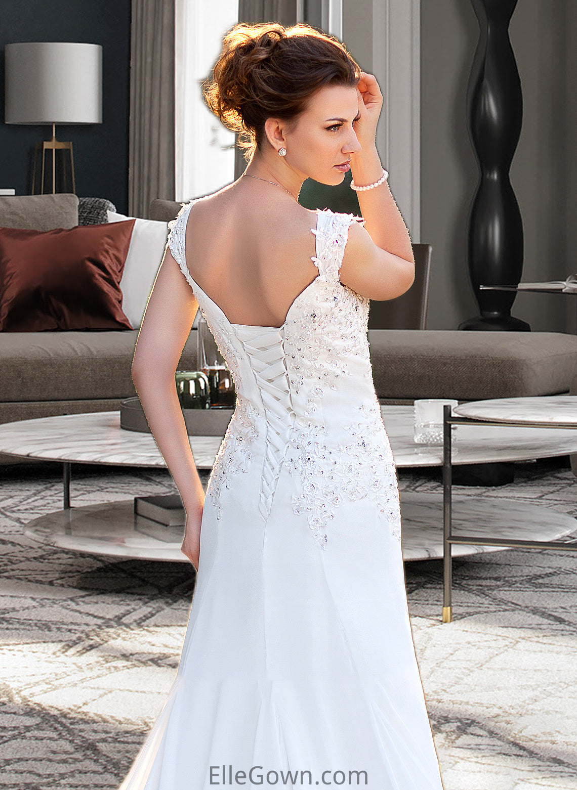 Mollie A-Line V-neck Court Train Chiffon Wedding Dress With Lace Beading Sequins DEP0013776