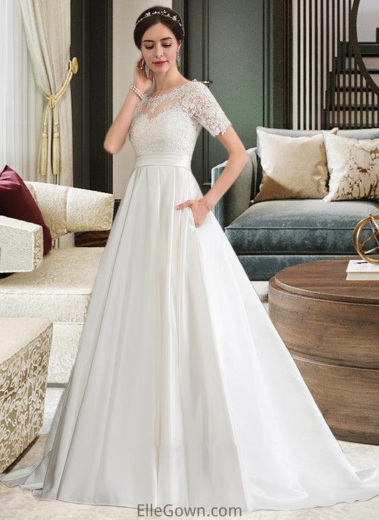 Harmony Ball-Gown/Princess Scoop Neck Court Train Satin Wedding Dress With Beading Sequins Pockets DEP0013777