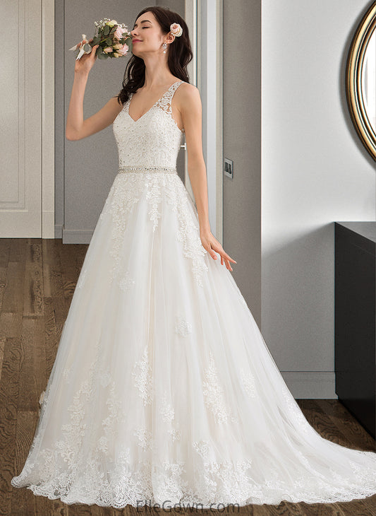 Nia Ball-Gown/Princess V-neck Court Train Tulle Wedding Dress With Beading Sequins DEP0013779