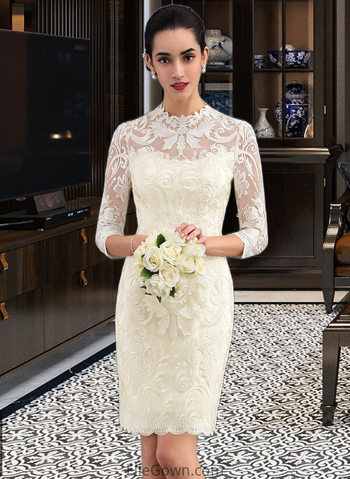 Gisselle Sheath/Column High Neck Knee-Length Lace Wedding Dress DEP0013781