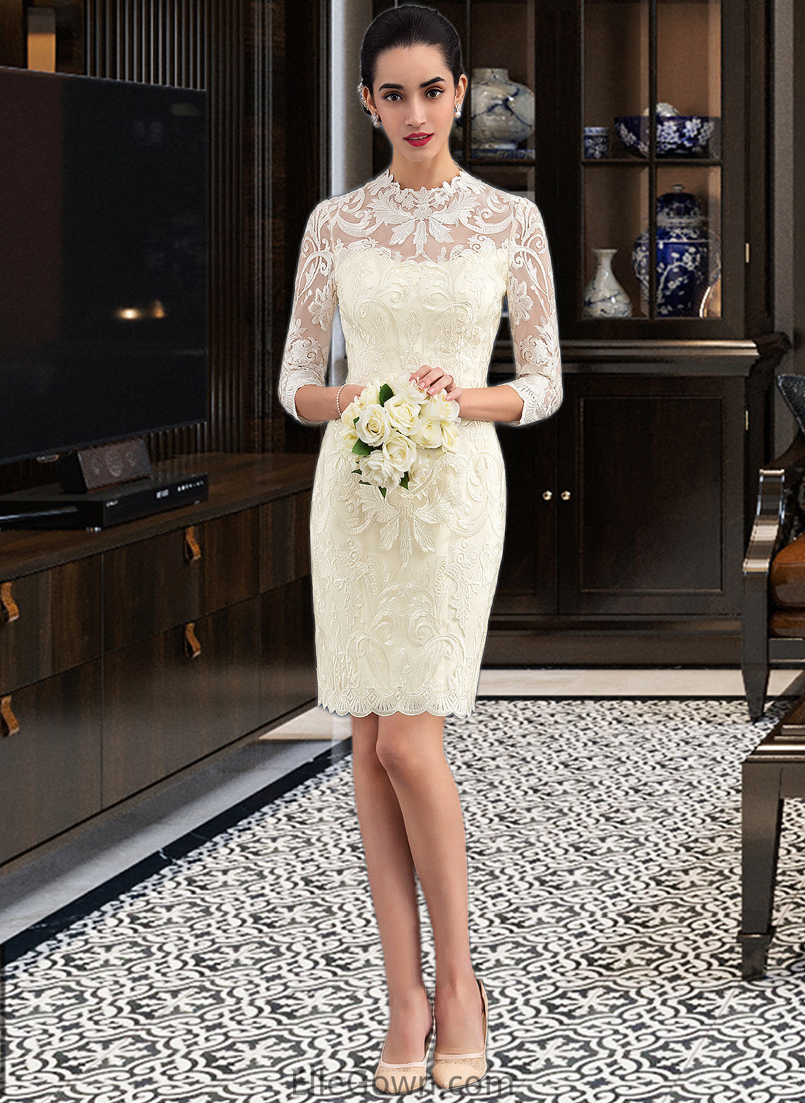 Gisselle Sheath/Column High Neck Knee-Length Lace Wedding Dress DEP0013781