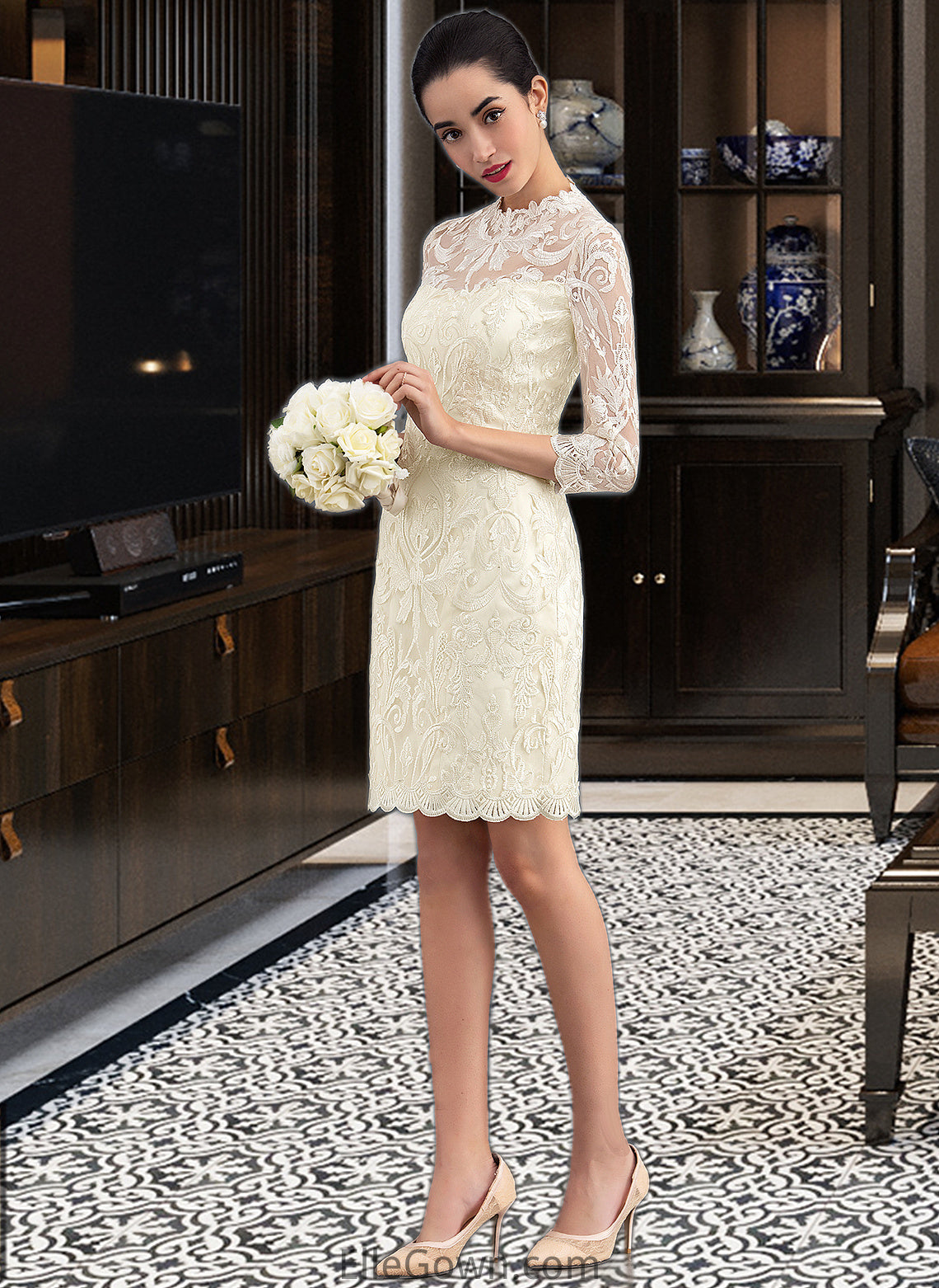 Gisselle Sheath/Column High Neck Knee-Length Lace Wedding Dress DEP0013781