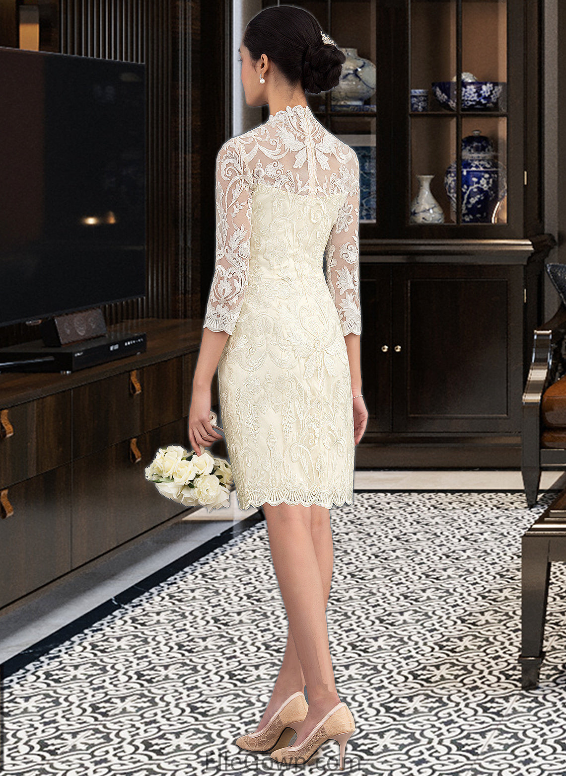 Gisselle Sheath/Column High Neck Knee-Length Lace Wedding Dress DEP0013781