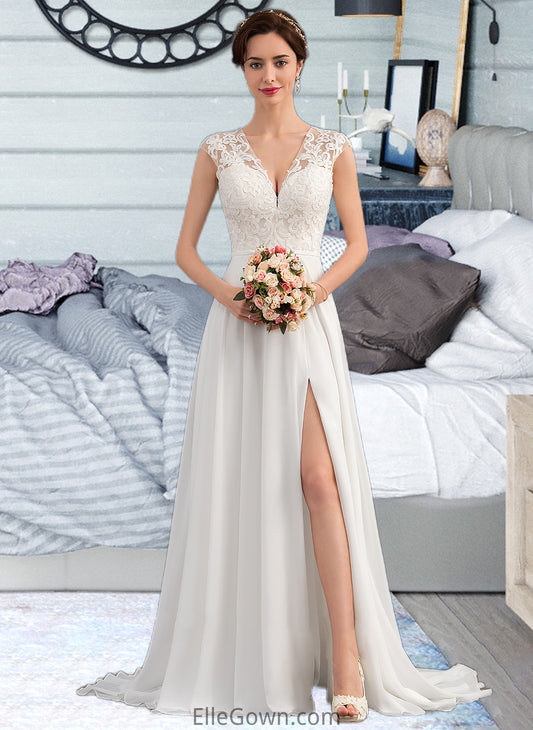 Camila A-Line V-neck Sweep Train Chiffon Wedding Dress With Split Front DEP0013782