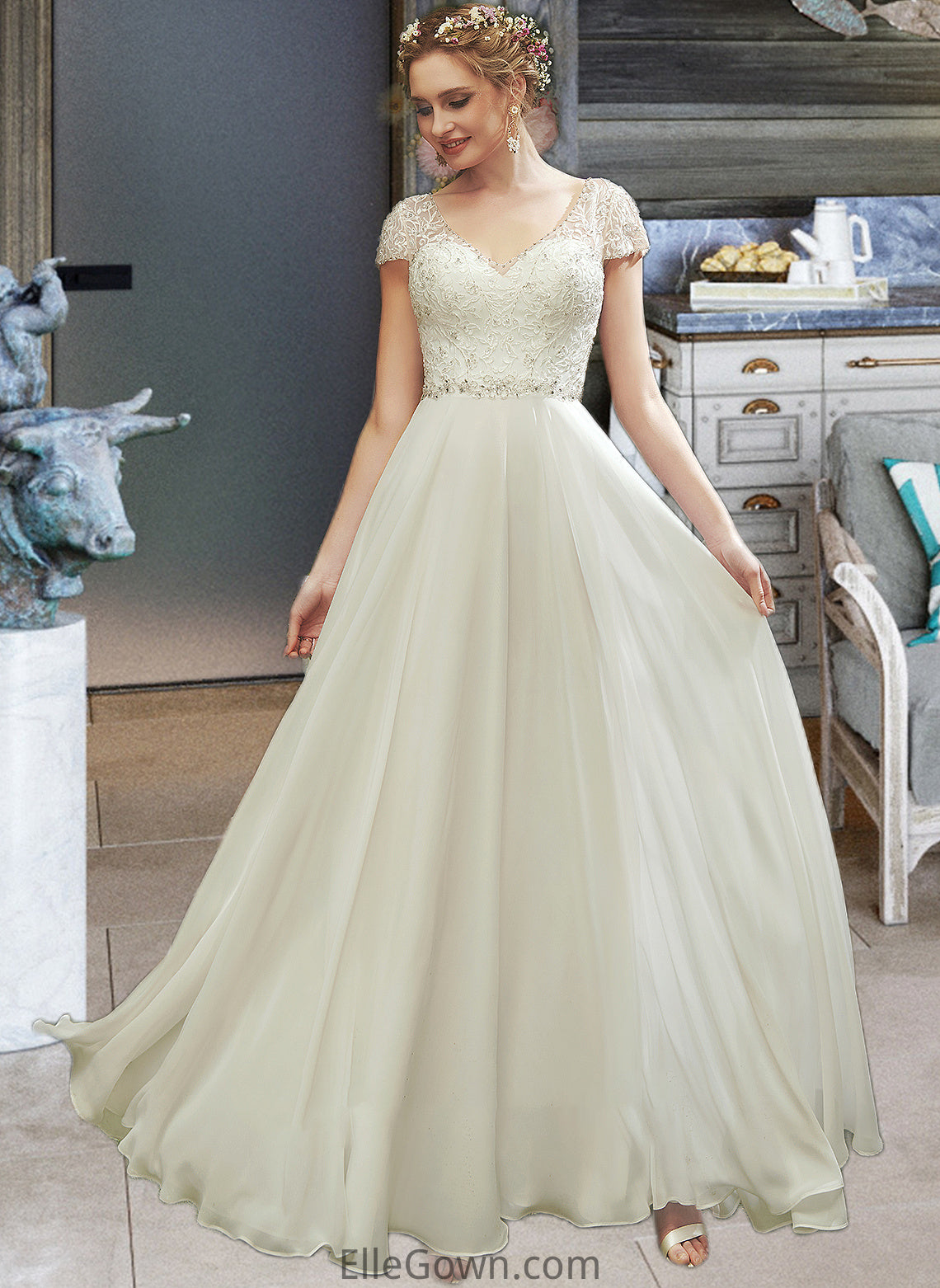 Saniyah A-Line V-neck Floor-Length Wedding Dress With Lace Beading Sequins DEP0013784