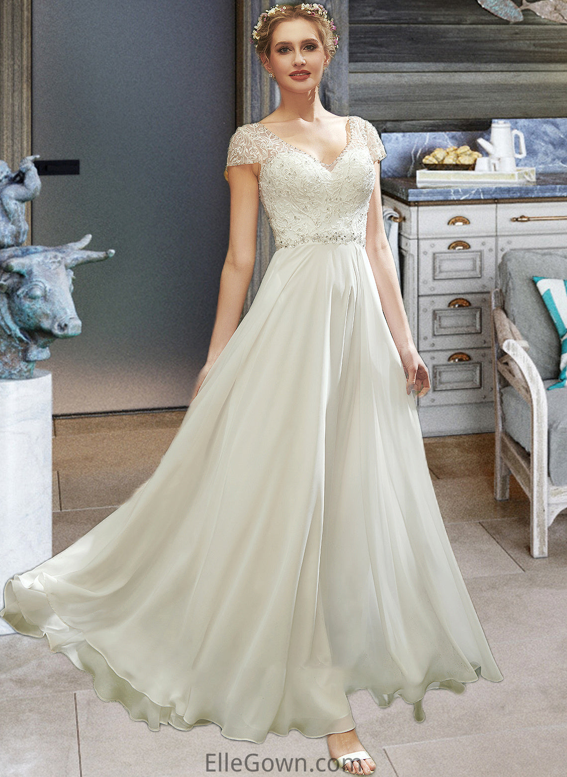 Saniyah A-Line V-neck Floor-Length Wedding Dress With Lace Beading Sequins DEP0013784