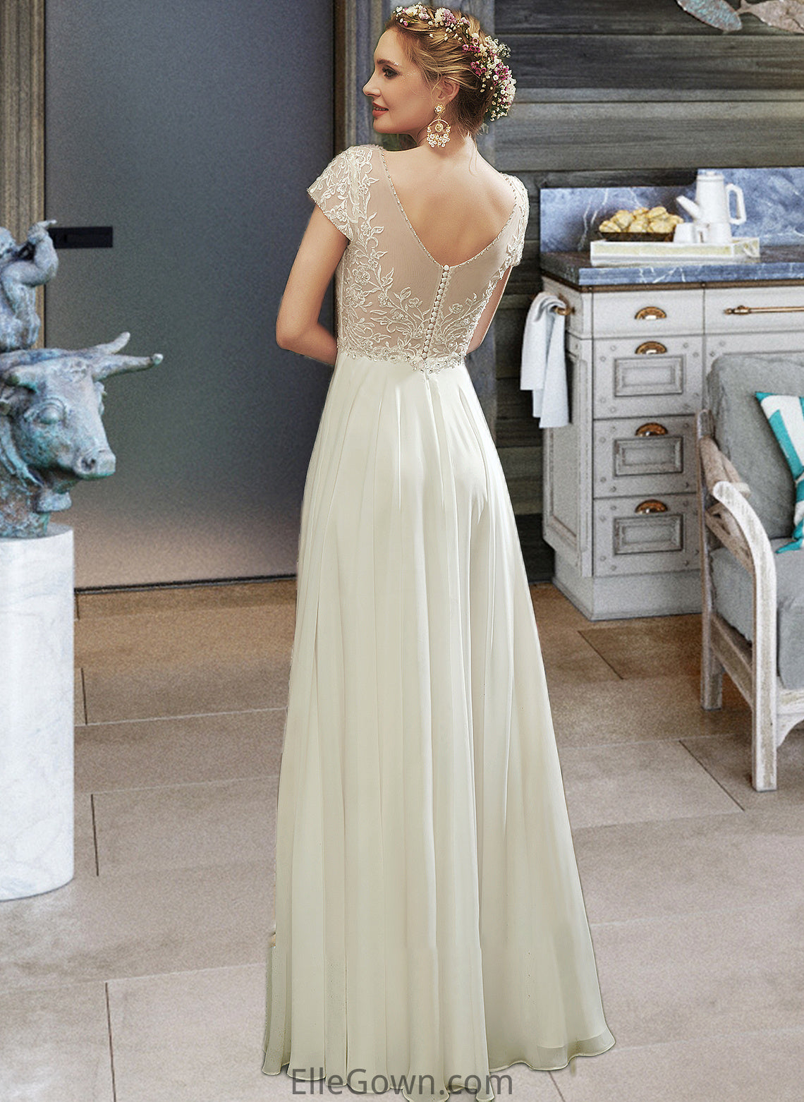 Saniyah A-Line V-neck Floor-Length Wedding Dress With Lace Beading Sequins DEP0013784