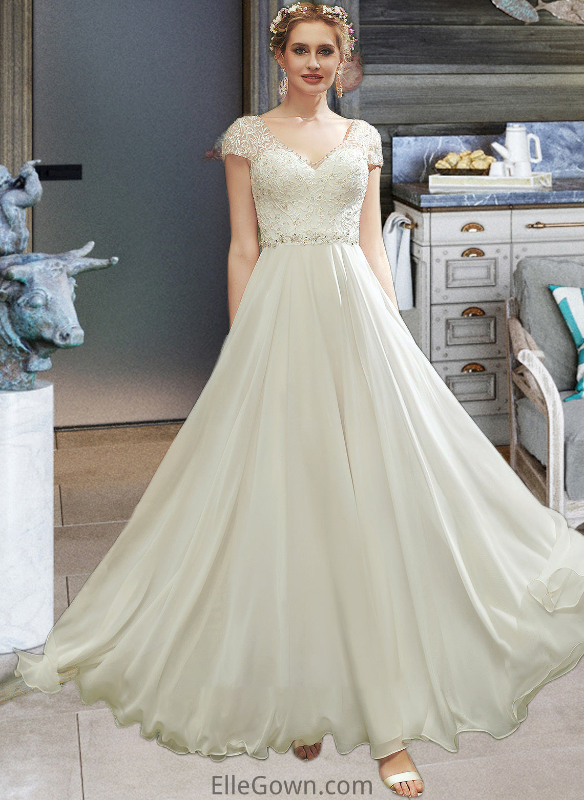 Saniyah A-Line V-neck Floor-Length Wedding Dress With Lace Beading Sequins DEP0013784