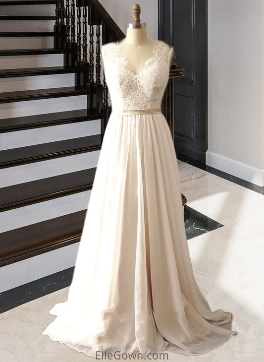 Theresa A-Line V-neck Court Train Chiffon Wedding Dress DEP0013785