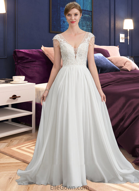 Kaylyn A-Line V-neck Sweep Train Chiffon Wedding Dress With Beading Sequins DEP0013792