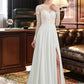 Rosie A-Line Illusion Sweep Train Chiffon Wedding Dress With Appliques Lace Split Front DEP0013793