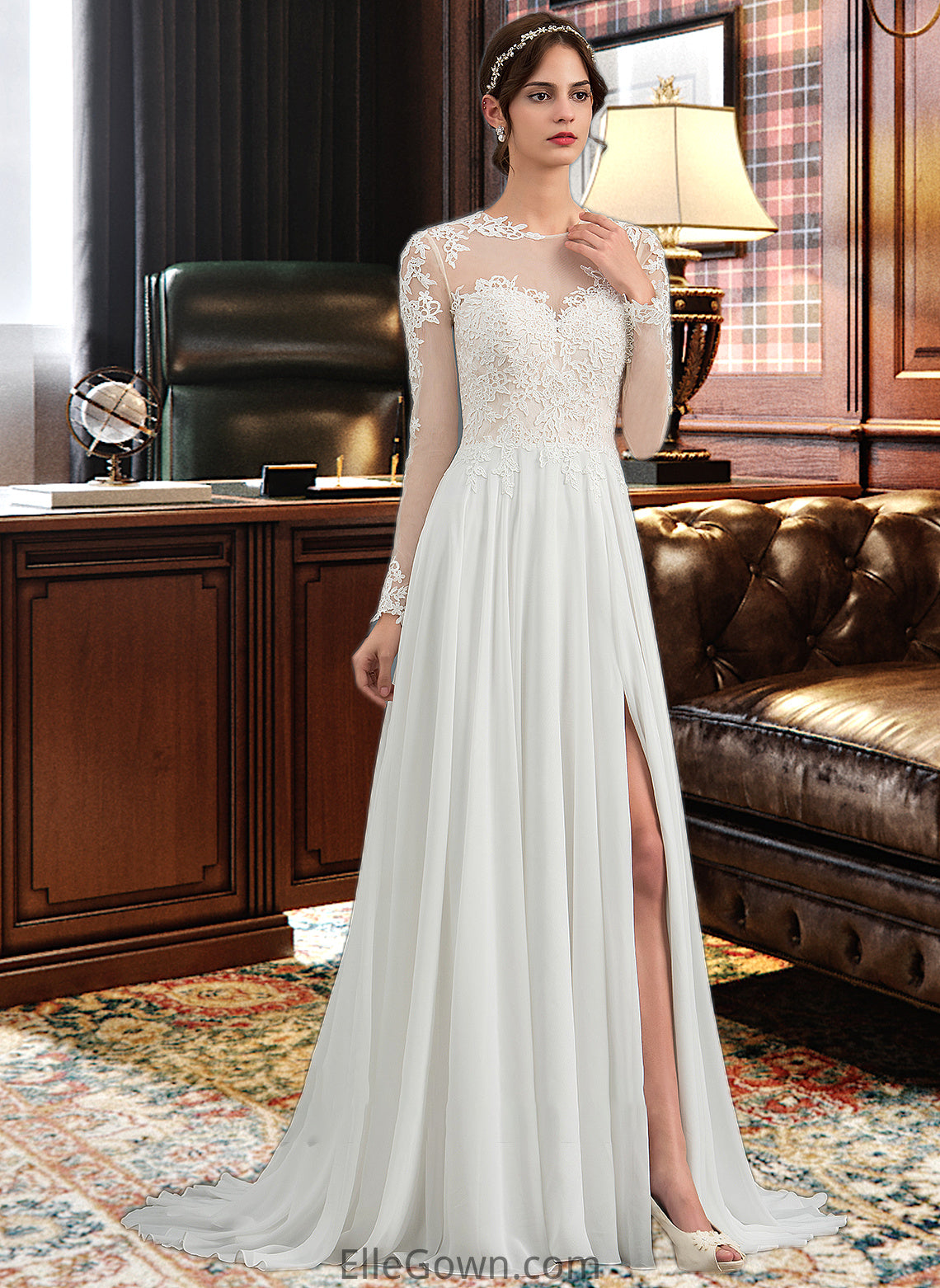 Rosie A-Line Illusion Sweep Train Chiffon Wedding Dress With Appliques Lace Split Front DEP0013793