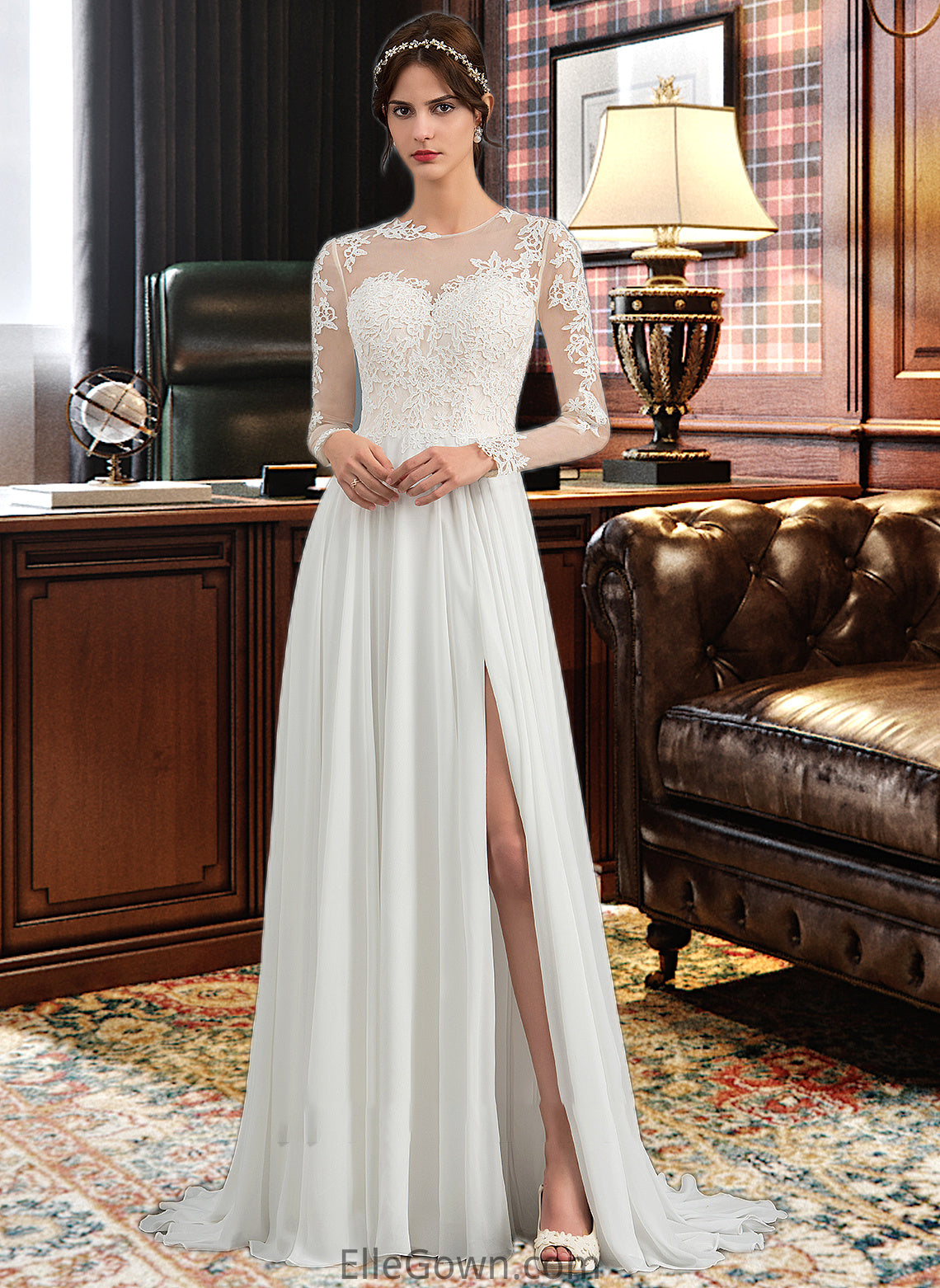 Rosie A-Line Illusion Sweep Train Chiffon Wedding Dress With Appliques Lace Split Front DEP0013793