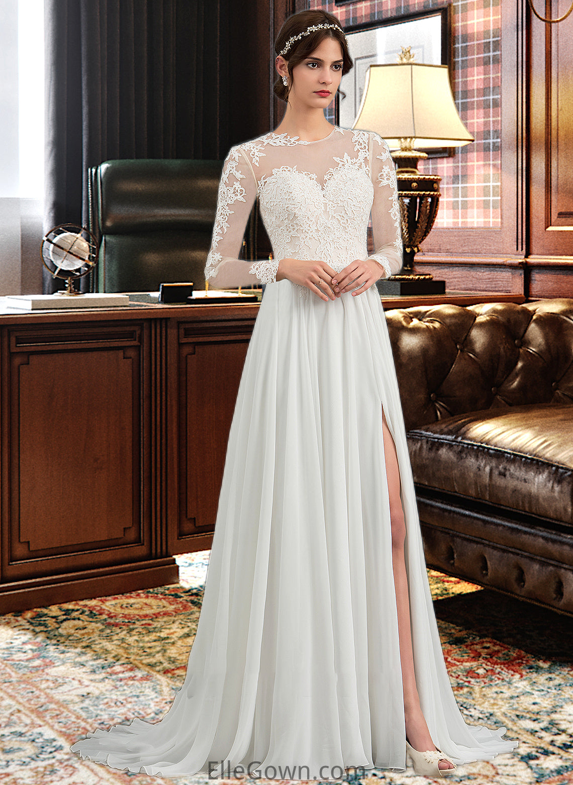 Rosie A-Line Illusion Sweep Train Chiffon Wedding Dress With Appliques Lace Split Front DEP0013793