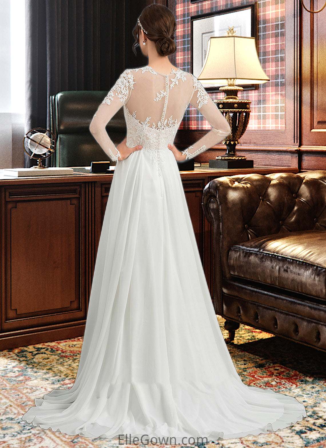 Rosie A-Line Illusion Sweep Train Chiffon Wedding Dress With Appliques Lace Split Front DEP0013793