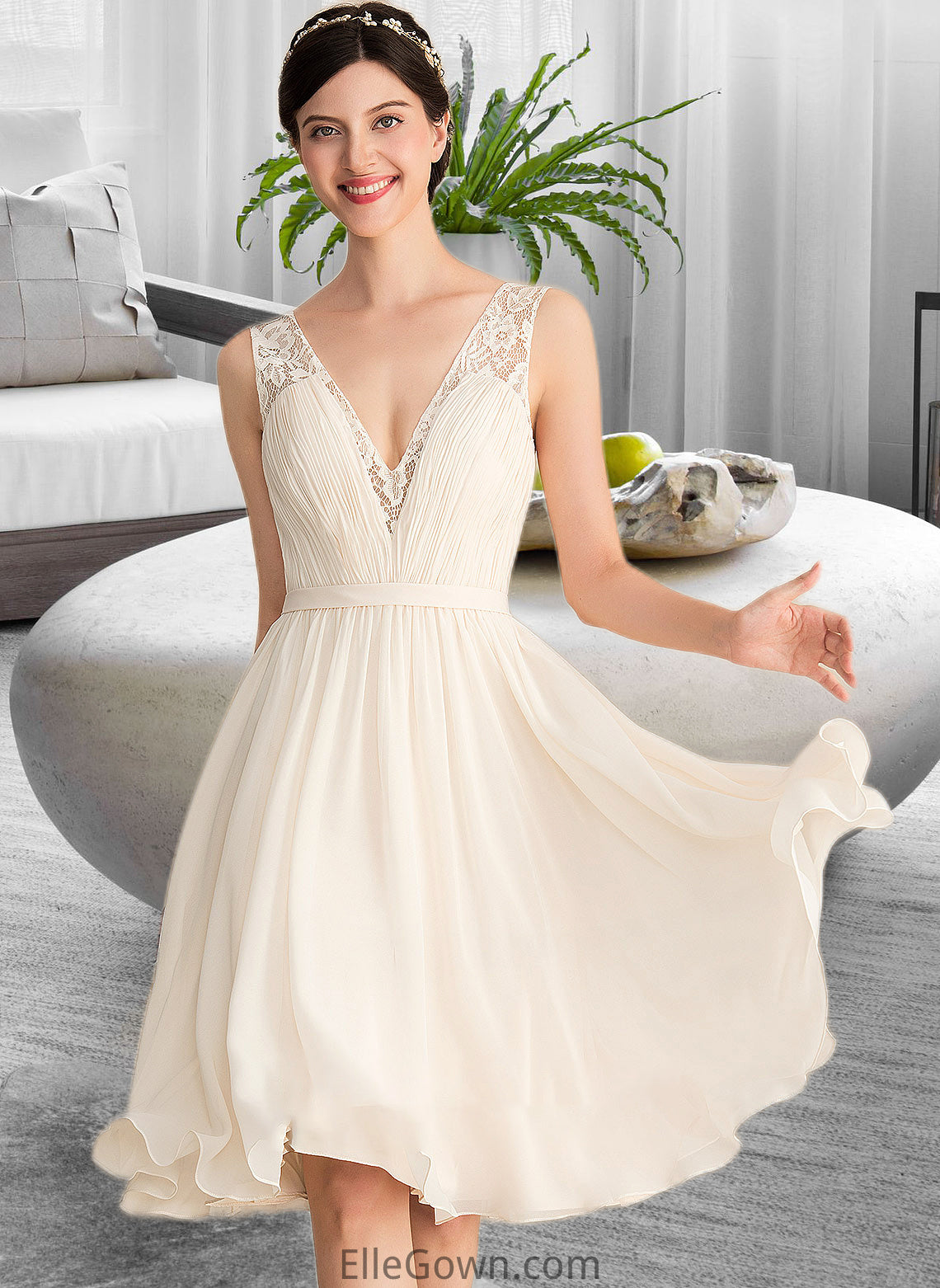 Leah A-Line V-neck Knee-Length Chiffon Lace Wedding Dress With Ruffle DEP0013794