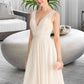 Leah A-Line V-neck Knee-Length Chiffon Lace Wedding Dress With Ruffle DEP0013794