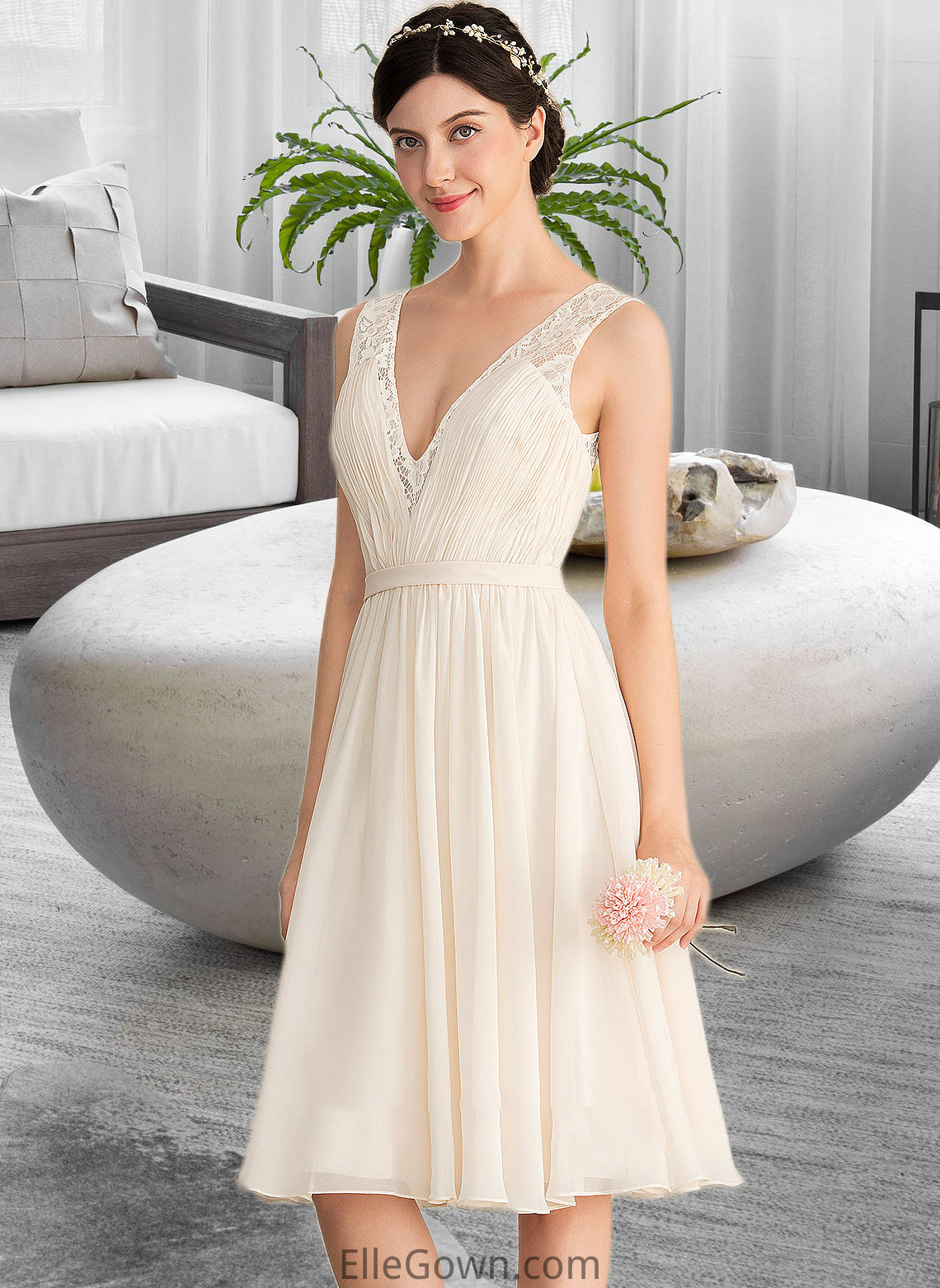 Leah A-Line V-neck Knee-Length Chiffon Lace Wedding Dress With Ruffle DEP0013794