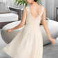 Leah A-Line V-neck Knee-Length Chiffon Lace Wedding Dress With Ruffle DEP0013794