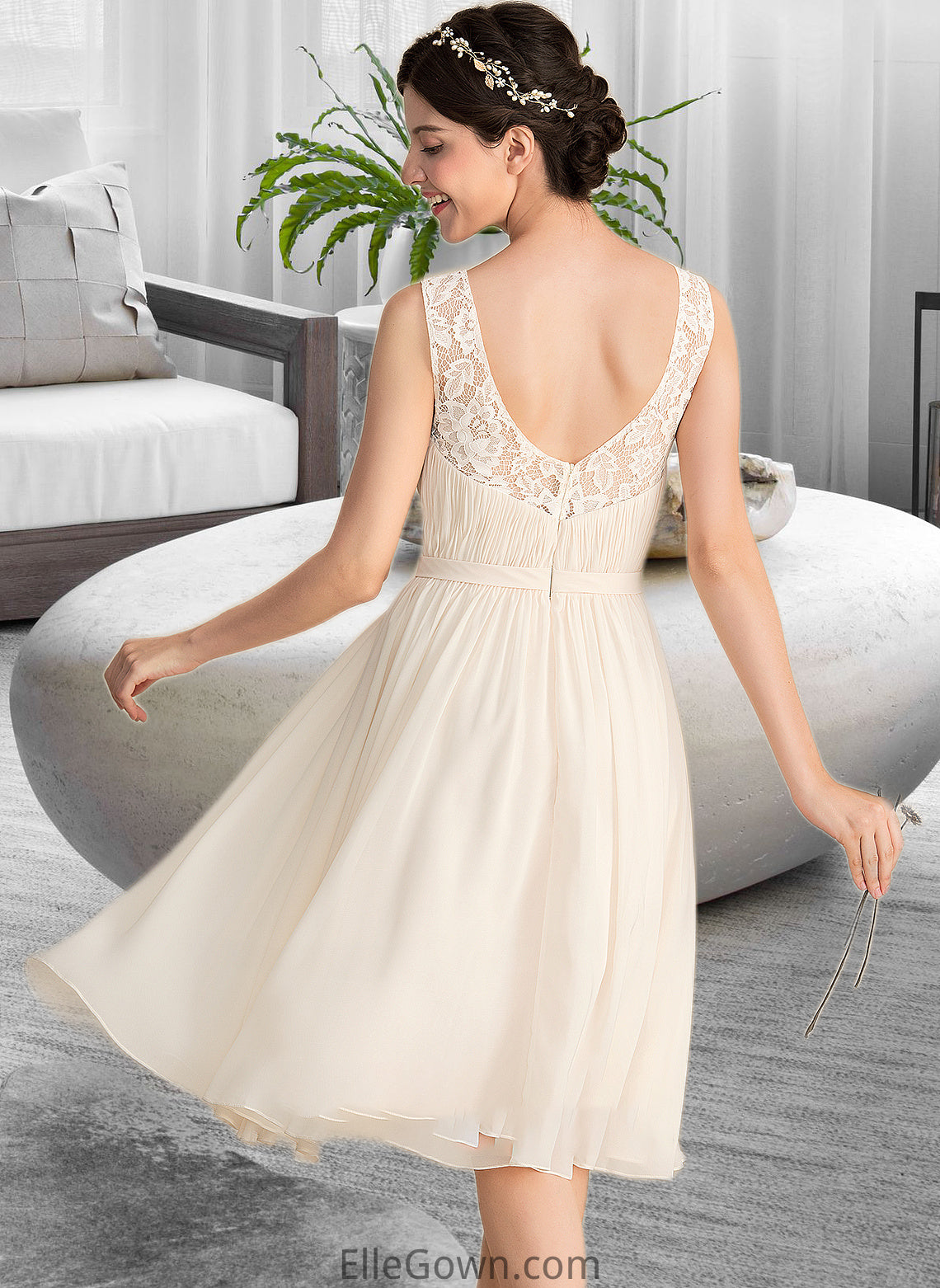 Leah A-Line V-neck Knee-Length Chiffon Lace Wedding Dress With Ruffle DEP0013794