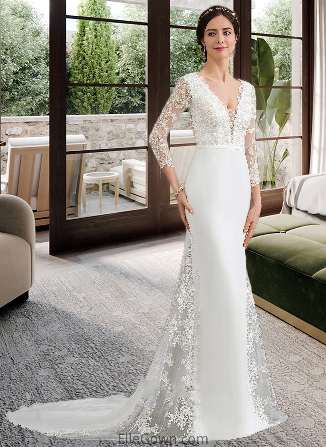 Lilah Trumpet/Mermaid V-neck Chapel Train Chiffon Wedding Dress With Beading Sequins DEP0013795