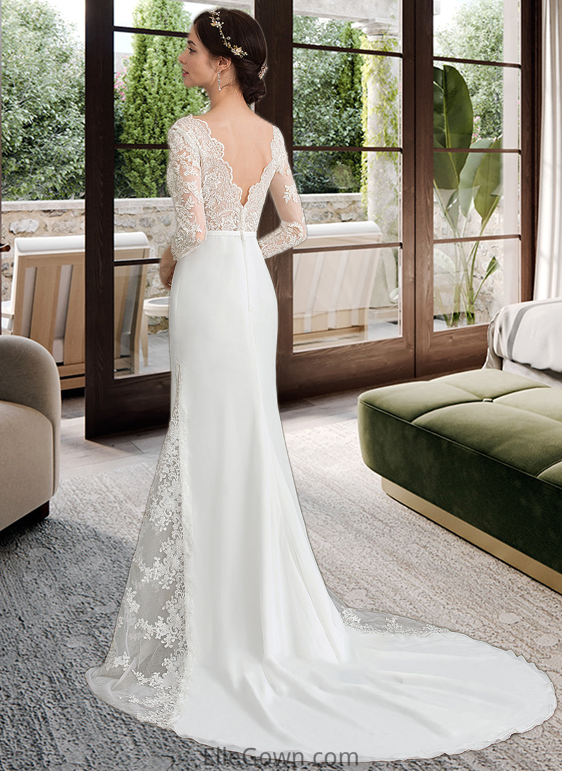 Lilah Trumpet/Mermaid V-neck Chapel Train Chiffon Wedding Dress With Beading Sequins DEP0013795