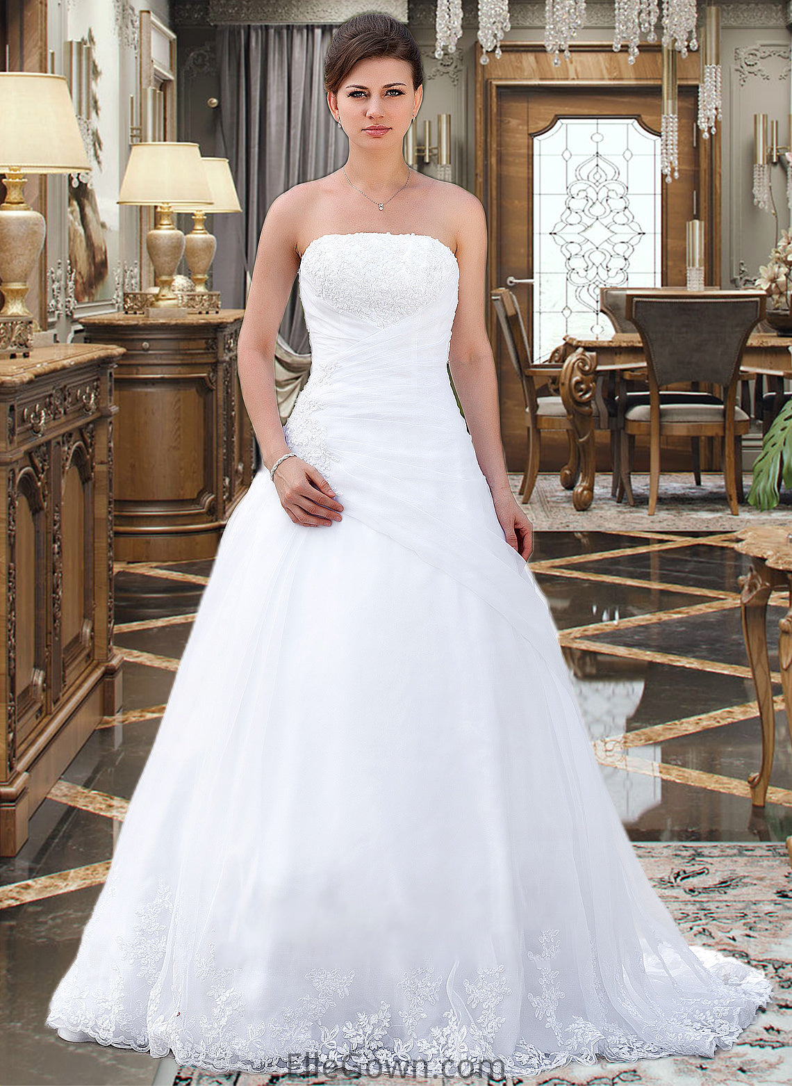 Patsy Ball-Gown/Princess Strapless Chapel Train Satin Organza Wedding Dress With Lace Beading DEP0013796