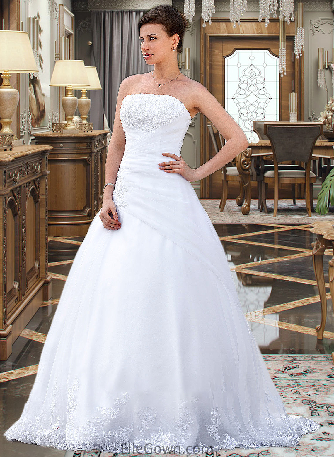 Patsy Ball-Gown/Princess Strapless Chapel Train Satin Organza Wedding Dress With Lace Beading DEP0013796