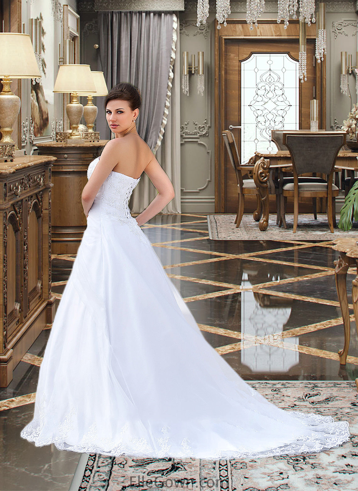 Patsy Ball-Gown/Princess Strapless Chapel Train Satin Organza Wedding Dress With Lace Beading DEP0013796