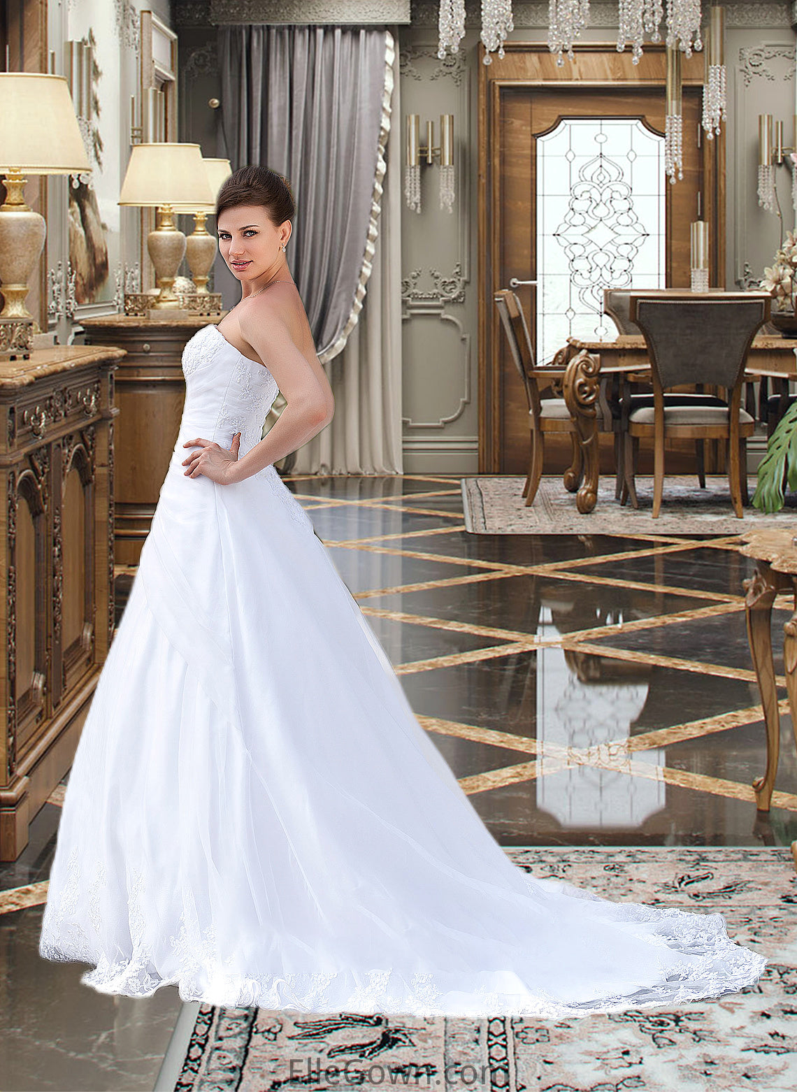 Patsy Ball-Gown/Princess Strapless Chapel Train Satin Organza Wedding Dress With Lace Beading DEP0013796