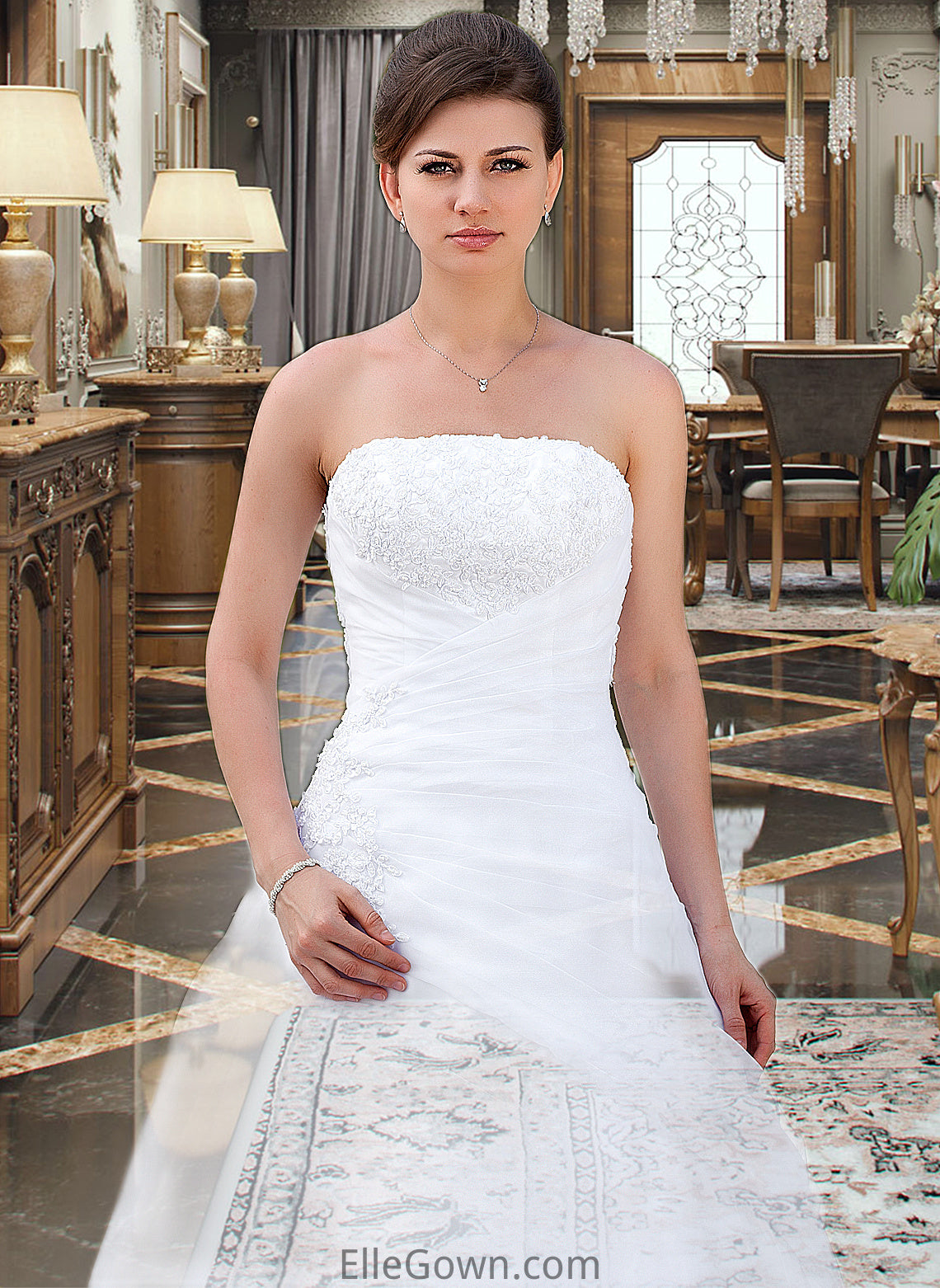 Patsy Ball-Gown/Princess Strapless Chapel Train Satin Organza Wedding Dress With Lace Beading DEP0013796