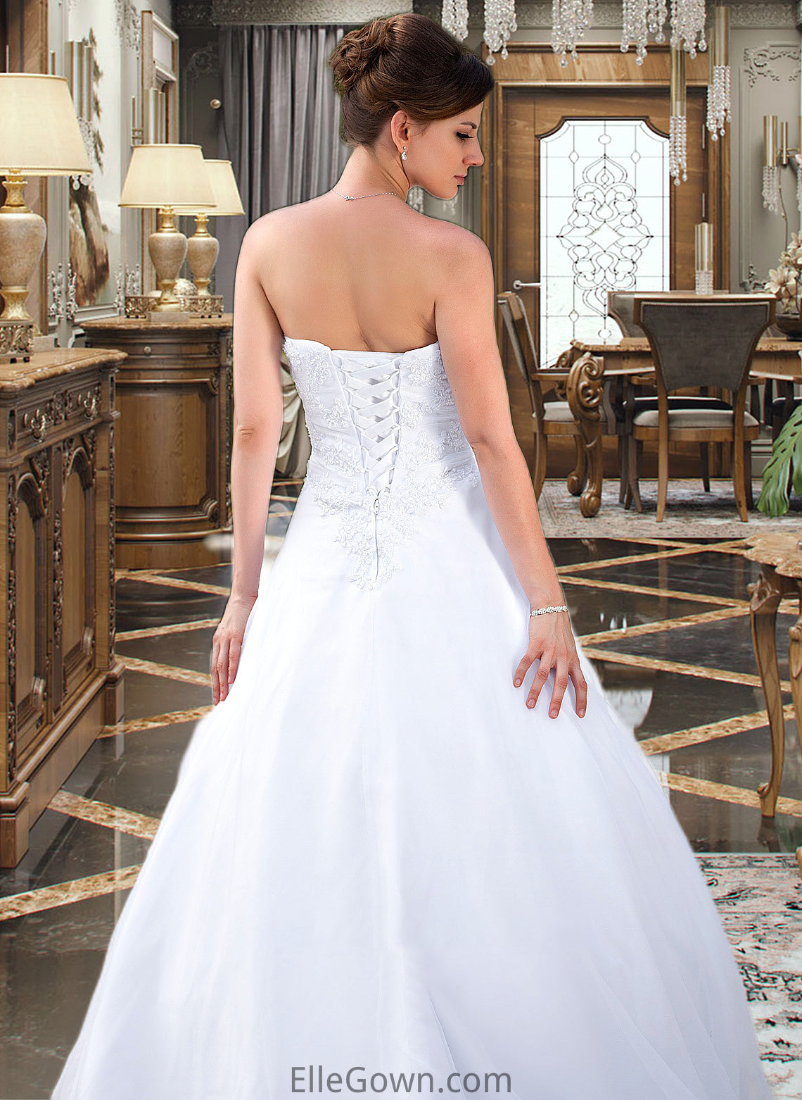 Patsy Ball-Gown/Princess Strapless Chapel Train Satin Organza Wedding Dress With Lace Beading DEP0013796