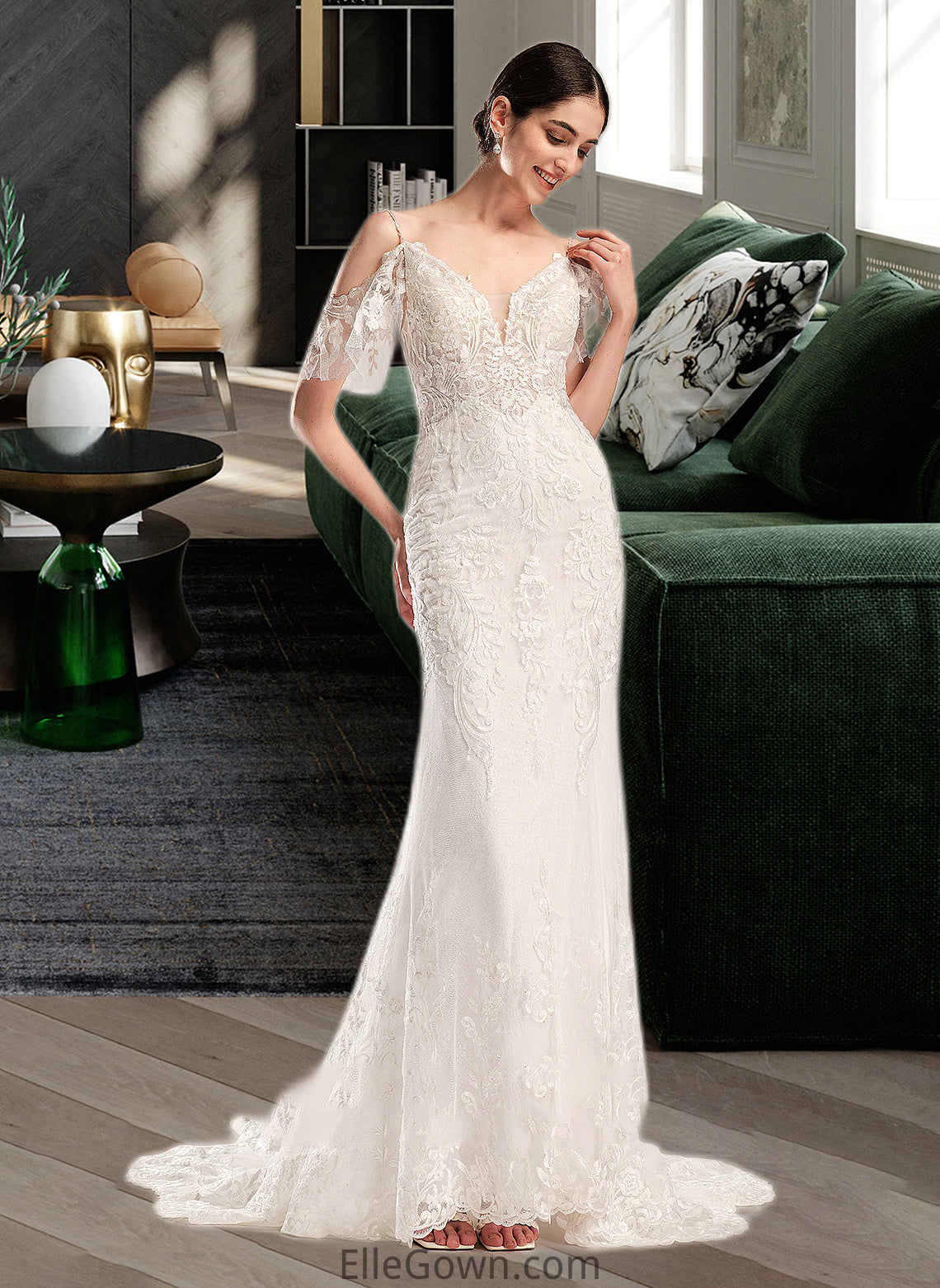 Nyasia Trumpet/Mermaid V-neck Chapel Train Wedding Dress With Beading Sequins DEP0013802