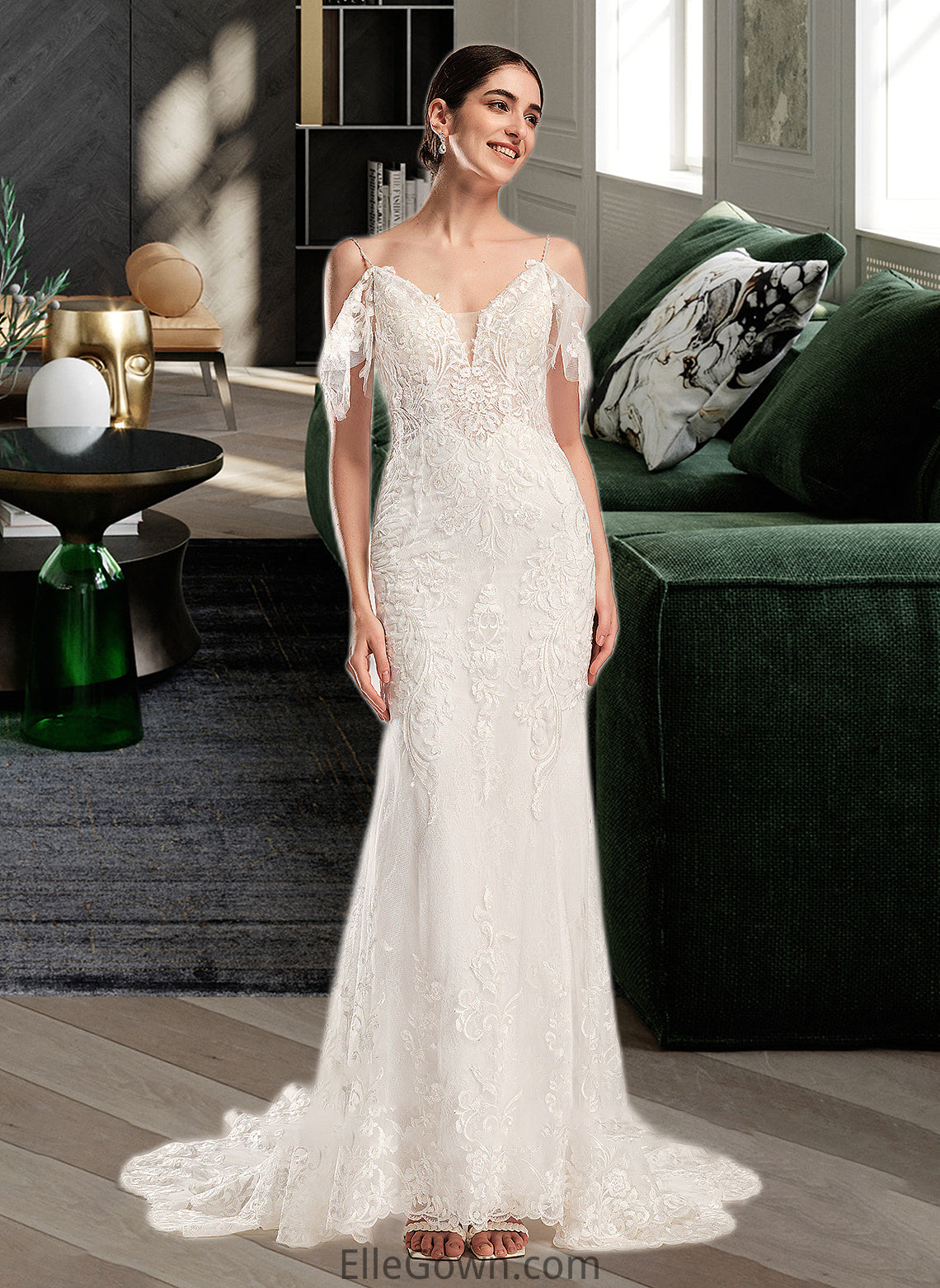 Nyasia Trumpet/Mermaid V-neck Chapel Train Wedding Dress With Beading Sequins DEP0013802