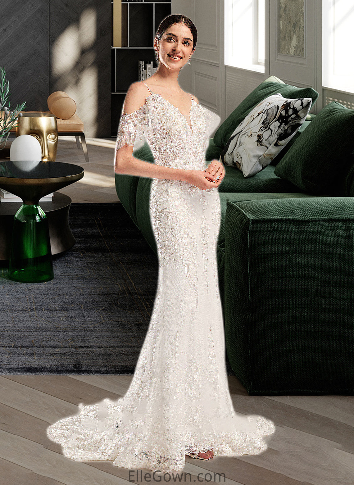 Nyasia Trumpet/Mermaid V-neck Chapel Train Wedding Dress With Beading Sequins DEP0013802