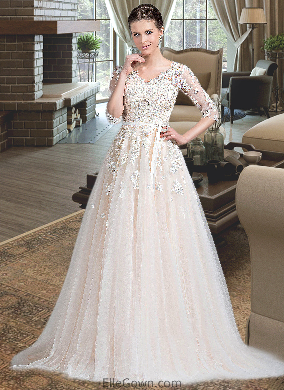 Denisse Ball-Gown/Princess V-neck Court Train Tulle Wedding Dress With Beading Appliques Lace Sequins Bow(s) DEP0013809