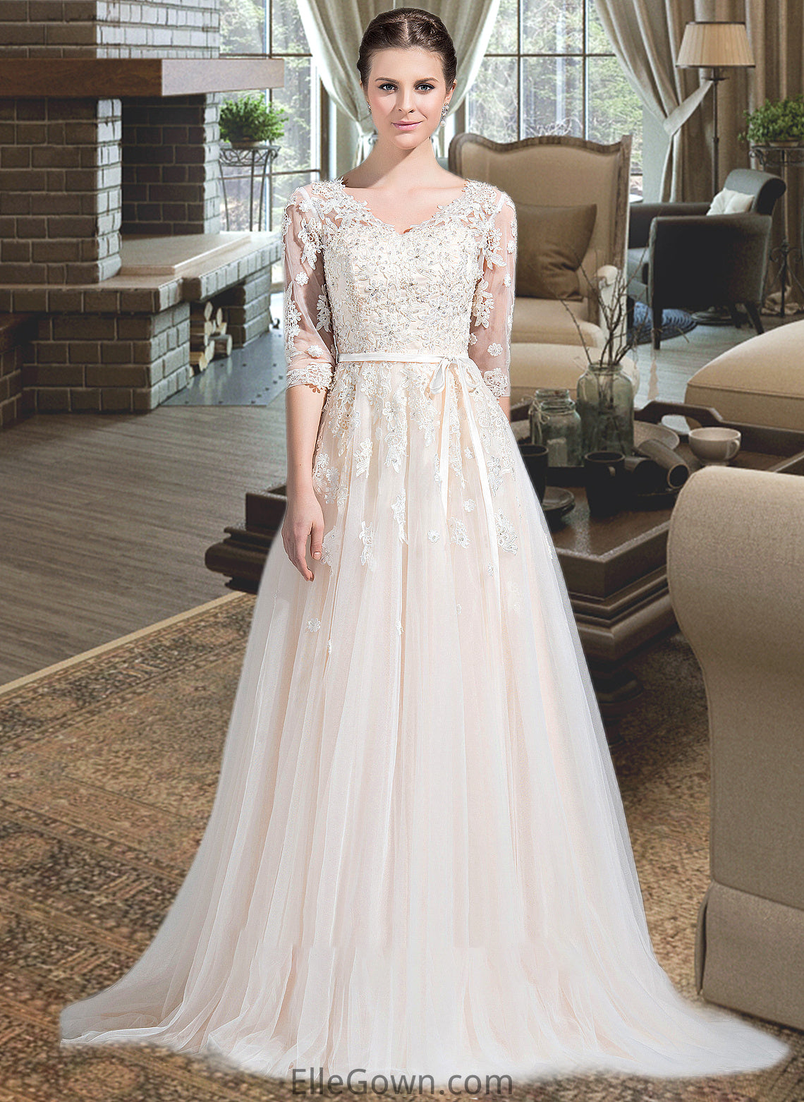 Denisse Ball-Gown/Princess V-neck Court Train Tulle Wedding Dress With Beading Appliques Lace Sequins Bow(s) DEP0013809