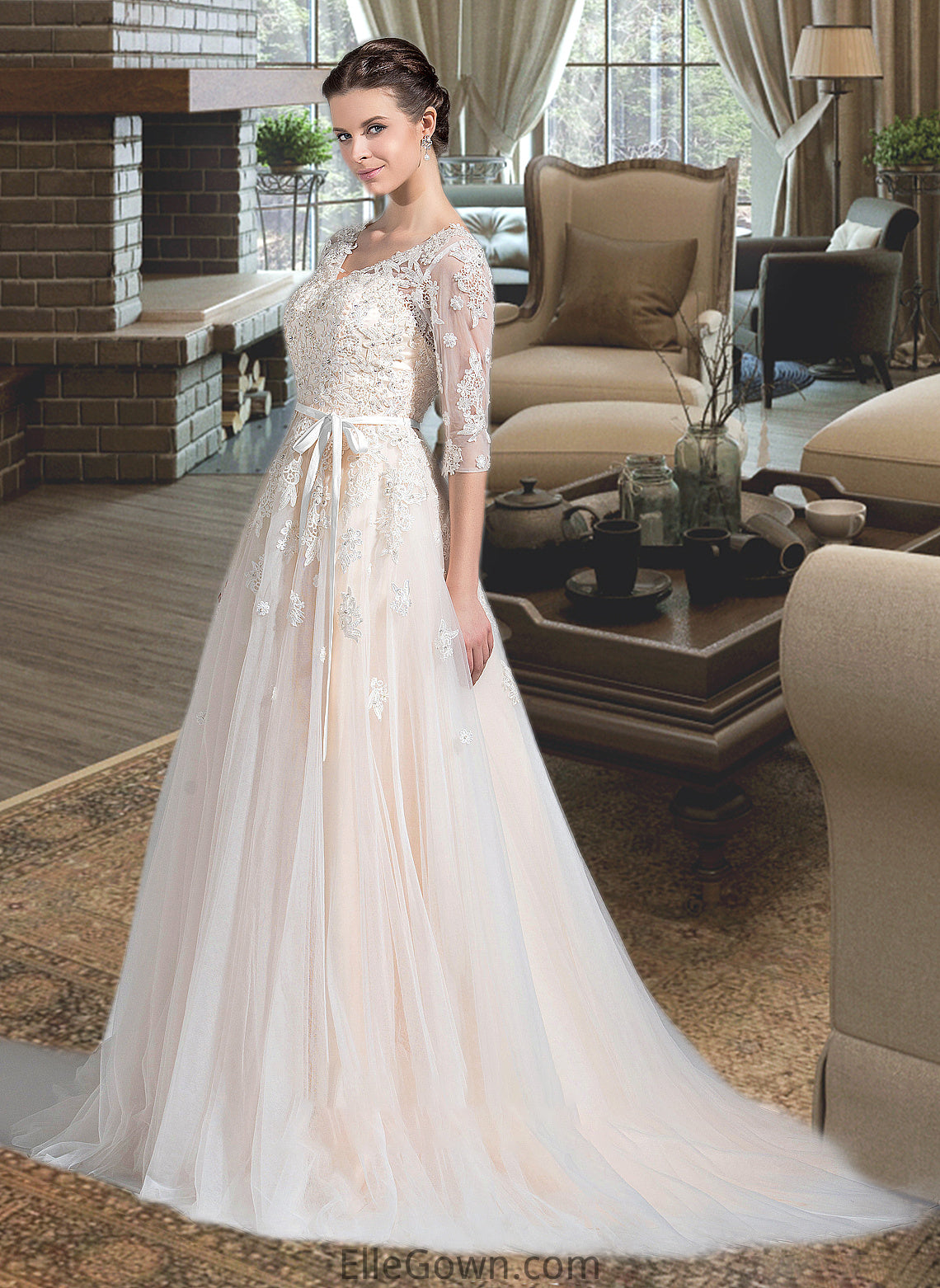 Denisse Ball-Gown/Princess V-neck Court Train Tulle Wedding Dress With Beading Appliques Lace Sequins Bow(s) DEP0013809