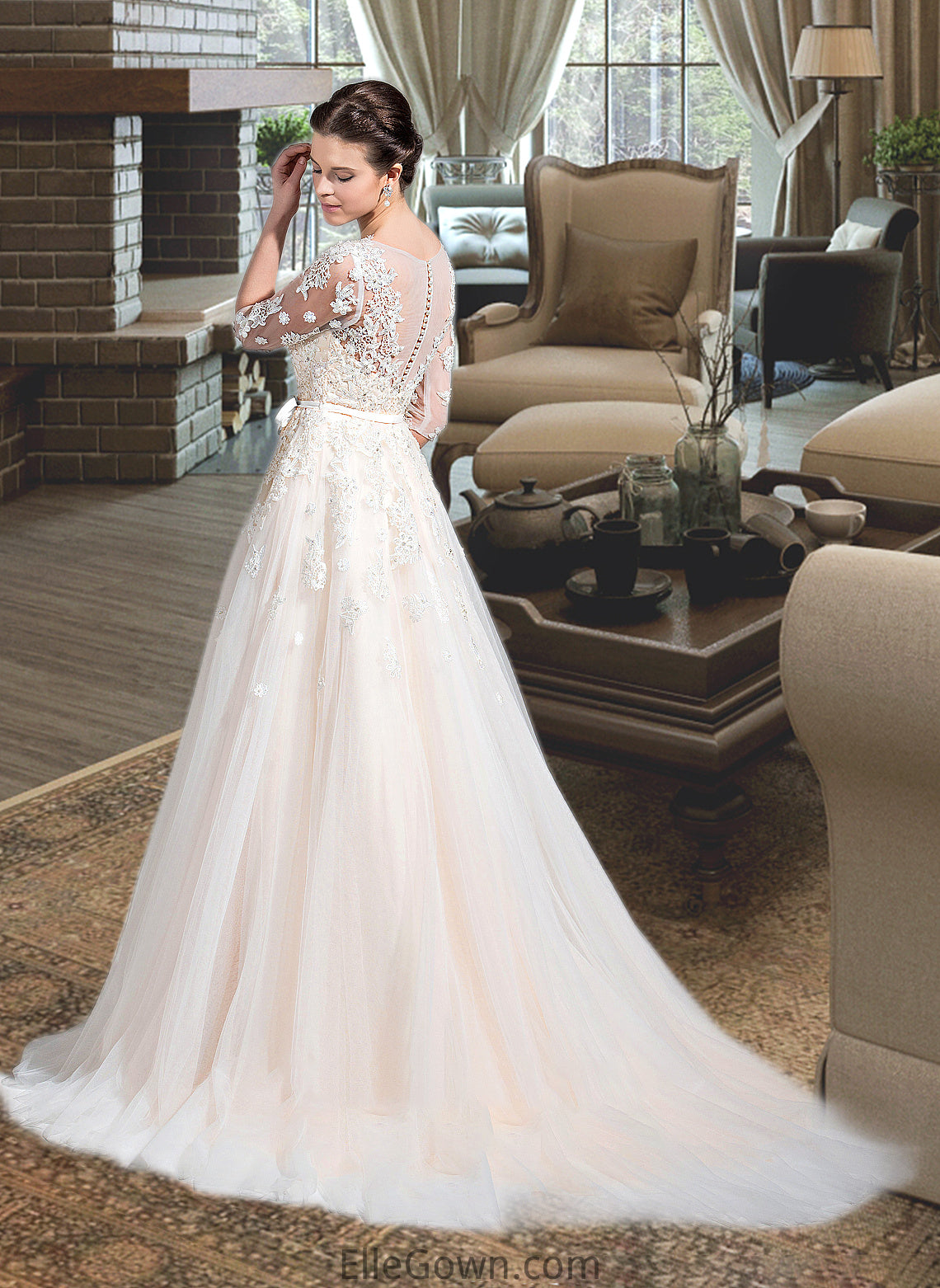 Denisse Ball-Gown/Princess V-neck Court Train Tulle Wedding Dress With Beading Appliques Lace Sequins Bow(s) DEP0013809