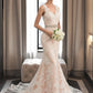 Tiara Trumpet/Mermaid V-neck Chapel Train Tulle Lace Wedding Dress With Beading DEP0013810