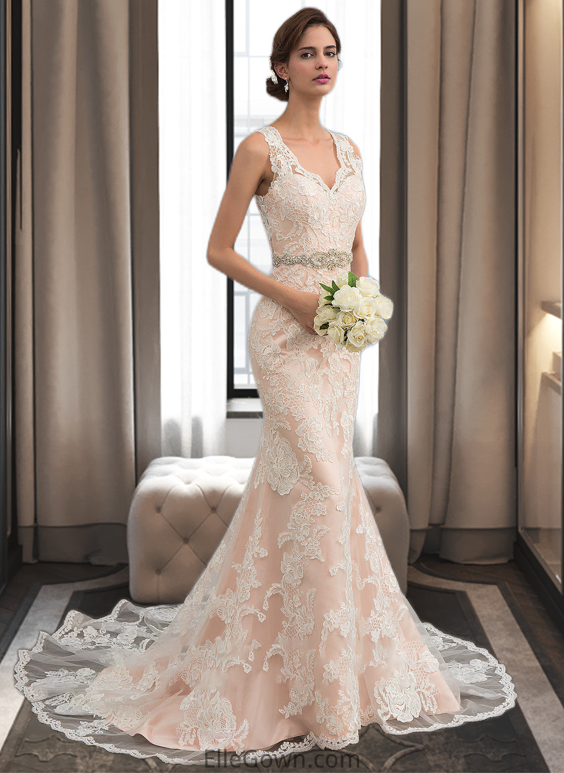 Tiara Trumpet/Mermaid V-neck Chapel Train Tulle Lace Wedding Dress With Beading DEP0013810