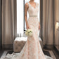 Tiara Trumpet/Mermaid V-neck Chapel Train Tulle Lace Wedding Dress With Beading DEP0013810