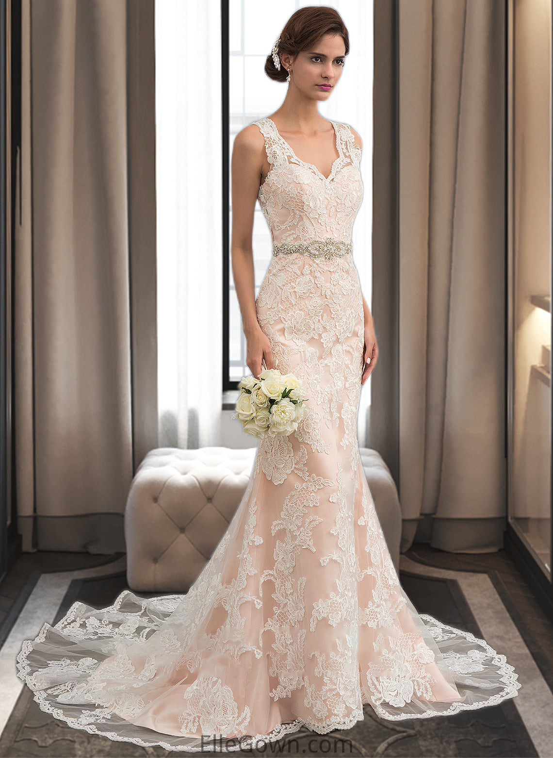 Tiara Trumpet/Mermaid V-neck Chapel Train Tulle Lace Wedding Dress With Beading DEP0013810