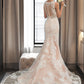 Tiara Trumpet/Mermaid V-neck Chapel Train Tulle Lace Wedding Dress With Beading DEP0013810